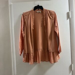 LOGO by Lori Goldstein Lightweight Cotton Modal Peach Ruffled Open Cardigan
